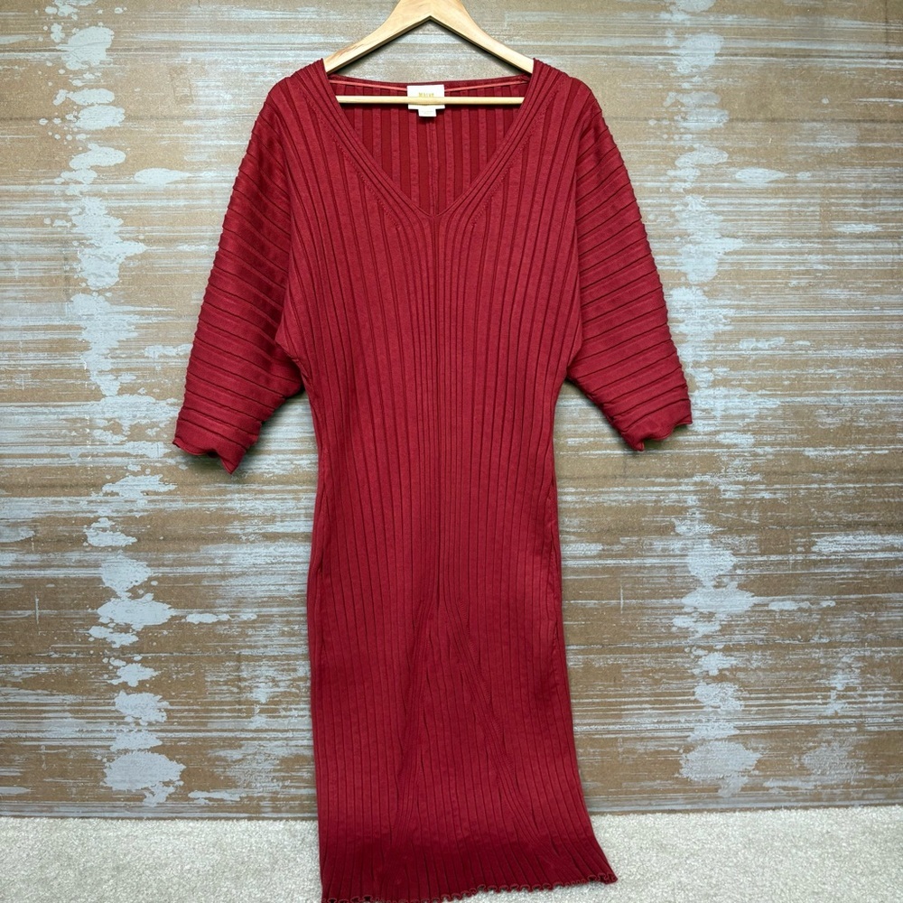 Anthropologie Ribbed V‑Neck Midi Dress in Deep Red